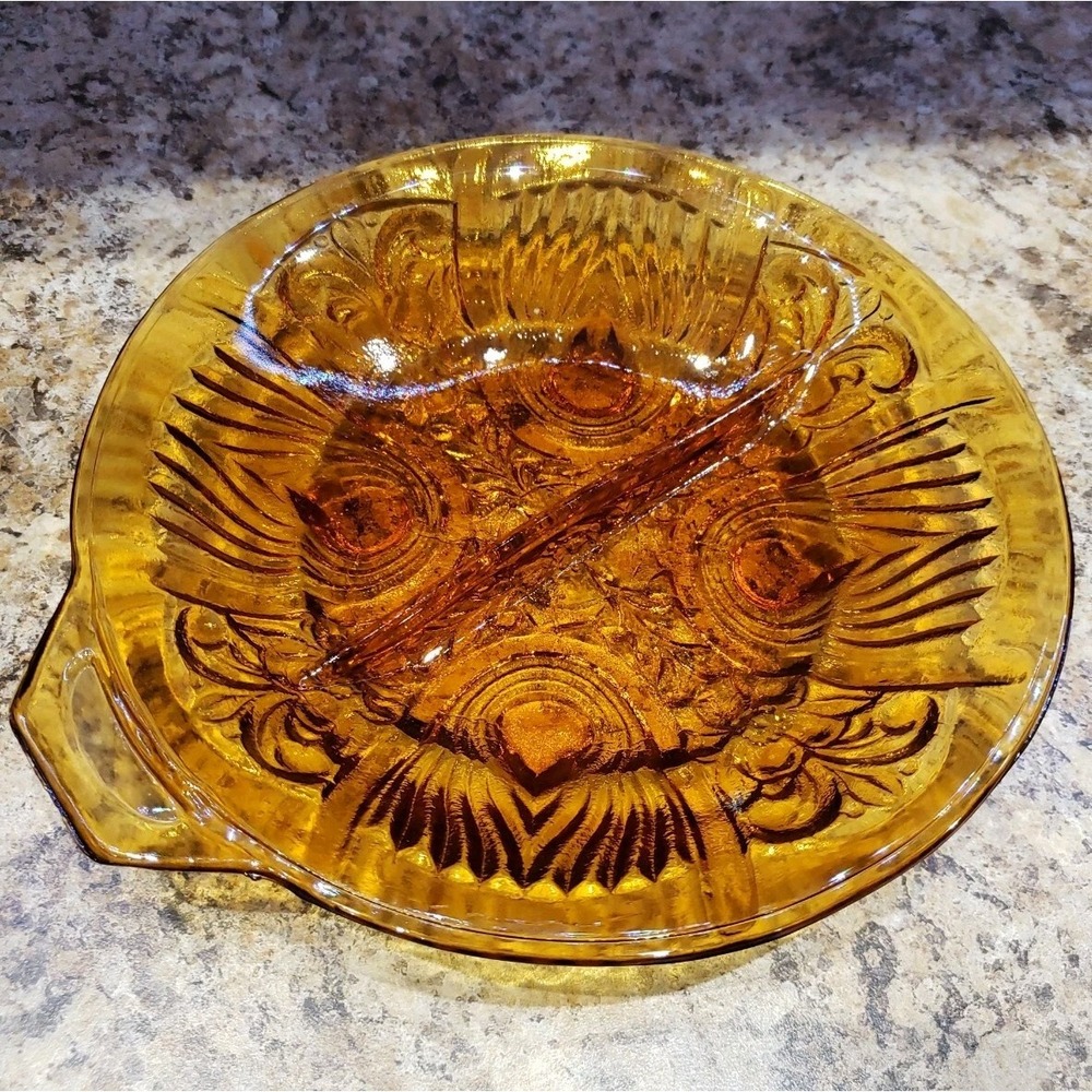 Indiana Glass Amber Carnival Killarney Pattern Relish Trinket Dish Divided VTG